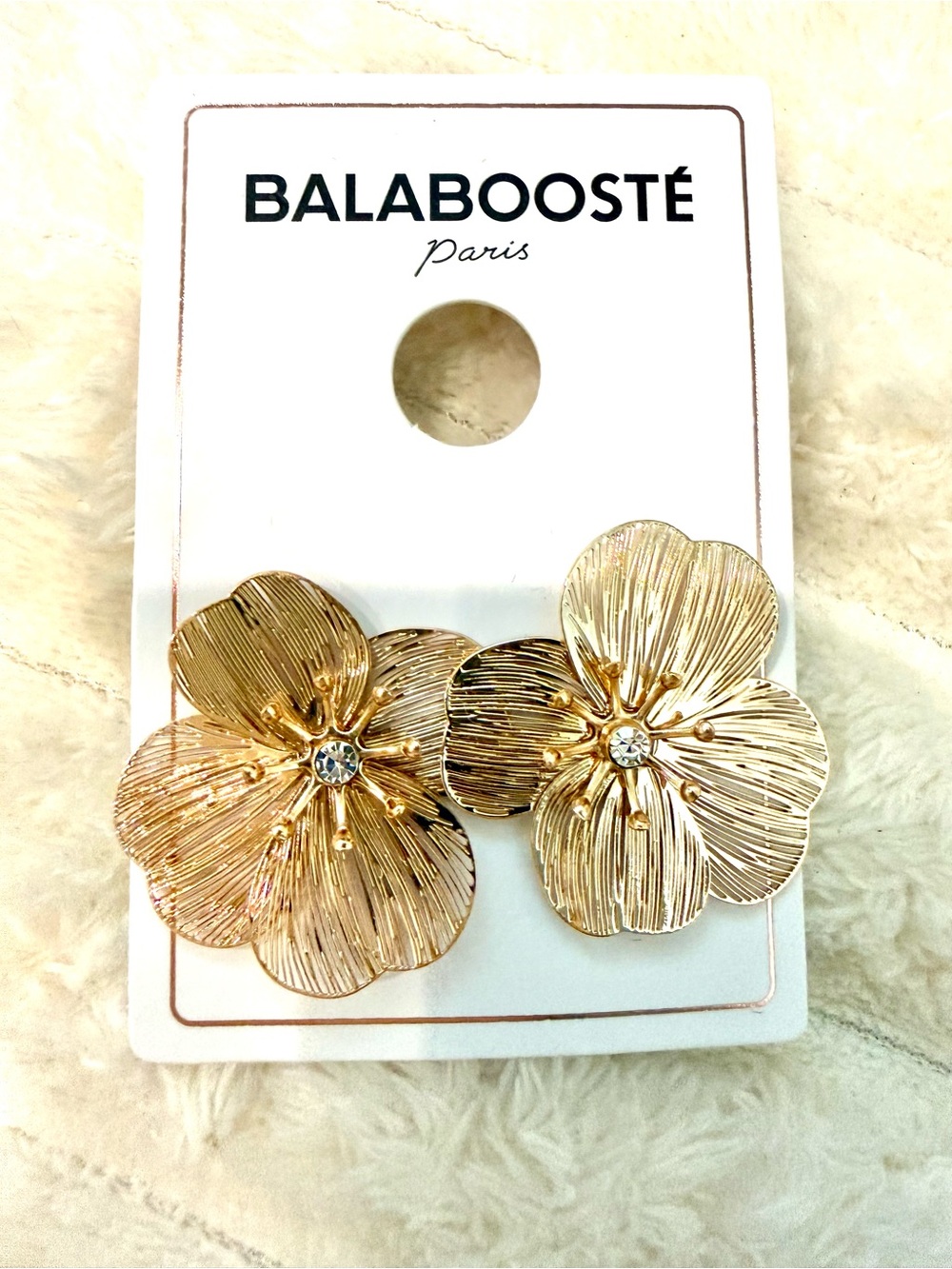 NWT Balabooste Paris Gold Petal Floral Earrings with Crystal Center